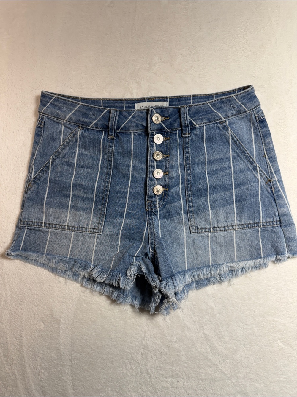 Striped Light-Blue High-Rise Button-Front Denim Shorts